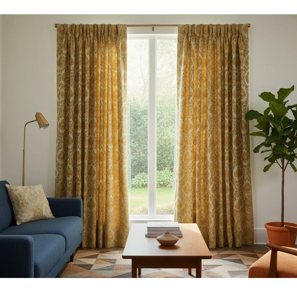 Vintage MCM Gold Damask Pinch Pleat Curtains 2 Panels 58x80 Mid Century Modern